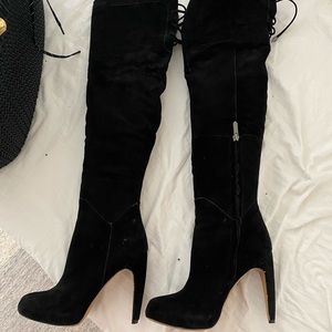 Black suede thigh high boots